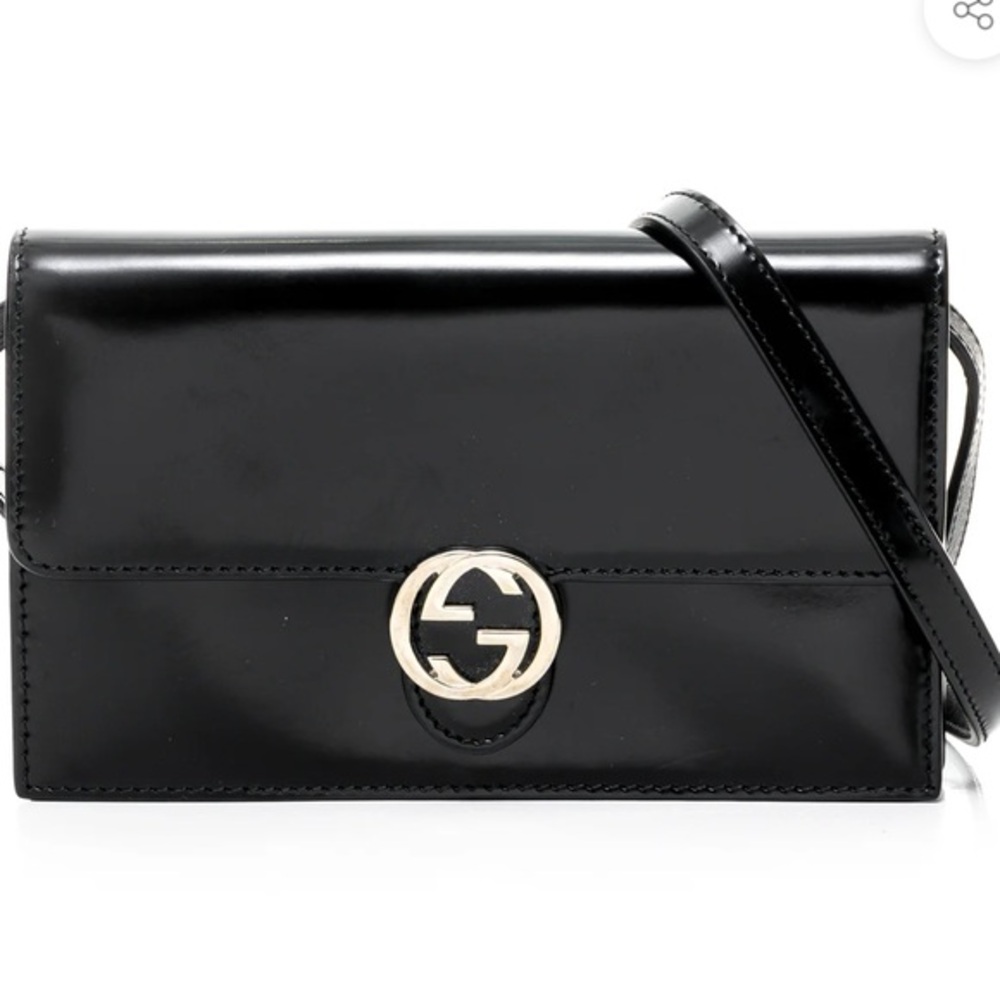 GUCCI GG INTERLOCKING ICON WALLET CROSSBODY BLACK CALFSKIN SILVER TONE HARDWARE